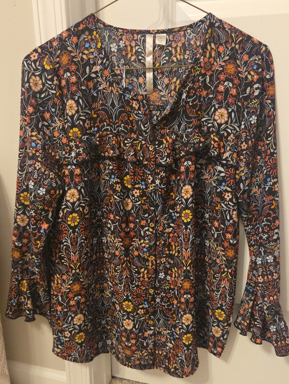 Lauren Conrad Black Floral Ruffle-Trim Long Sleeve Women's Top Sz Small